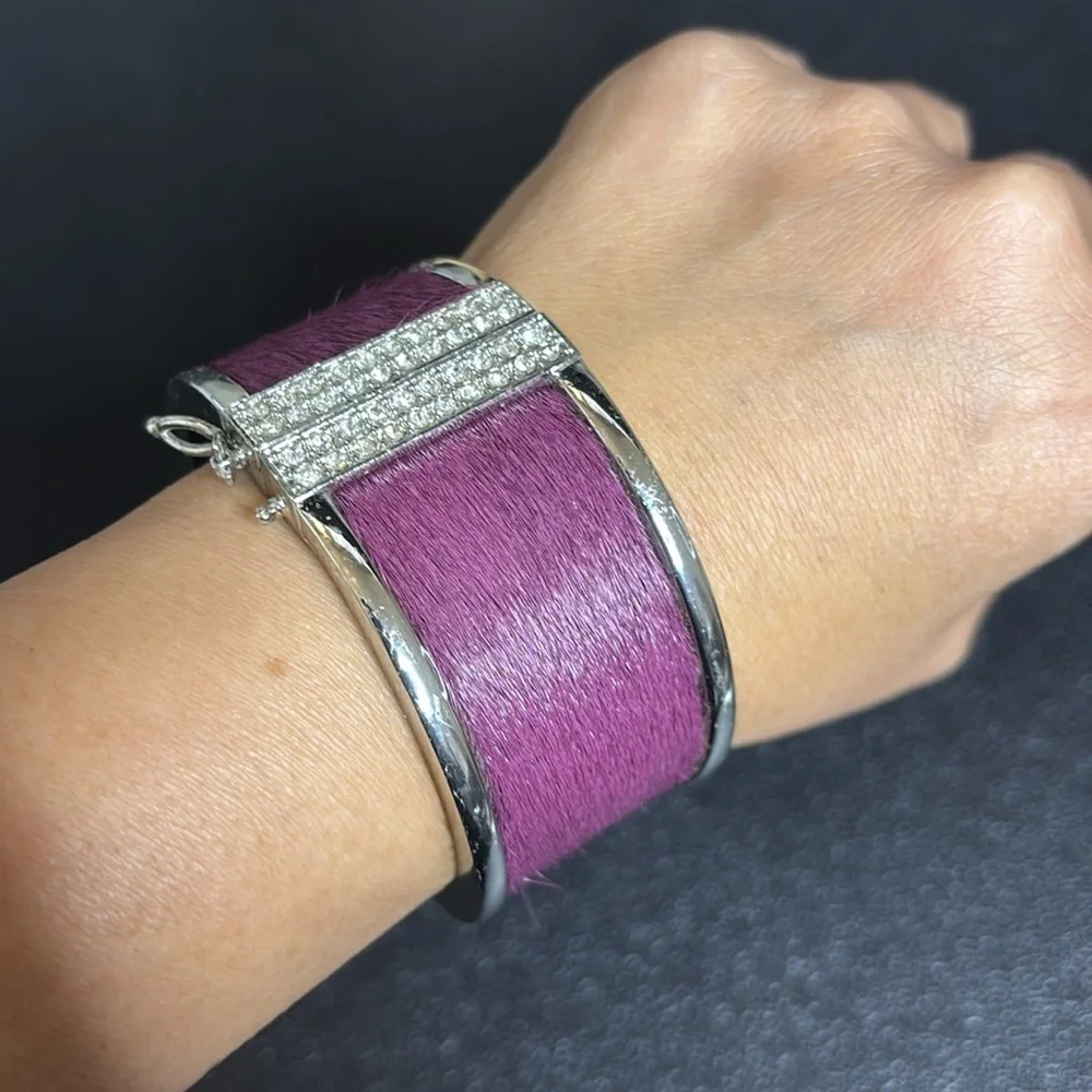 Ann Taylor Faux Fur Purple Elegant Silver Tone Rhinestone Hinge Chunky Bracelet